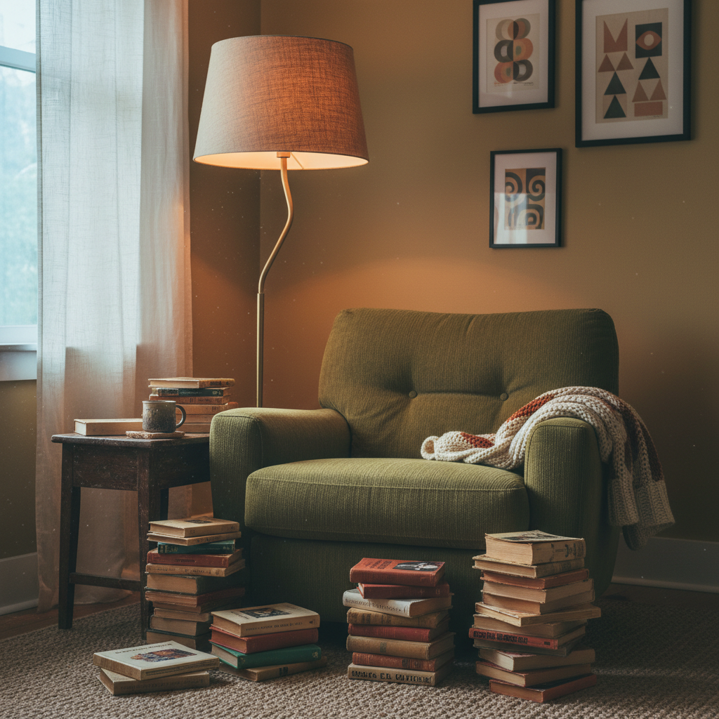 Mid-century inspired walnut tripod floor lamp with oversized linen shade in a cozy reading corner