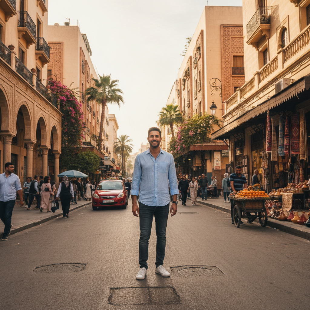 Youssef El Amrani — Beoglobe founder, Moroccan man in his 40s, warm smile, medina background