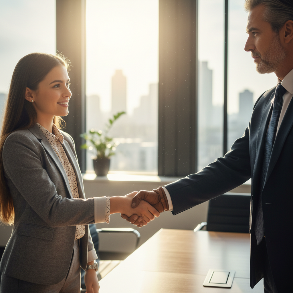 Two executives shaking hands in front of city skyline, professional attire, dramatic window light