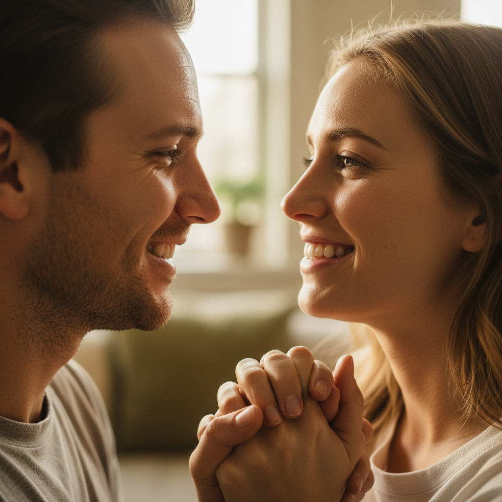Couple smiling and looking at each other happily