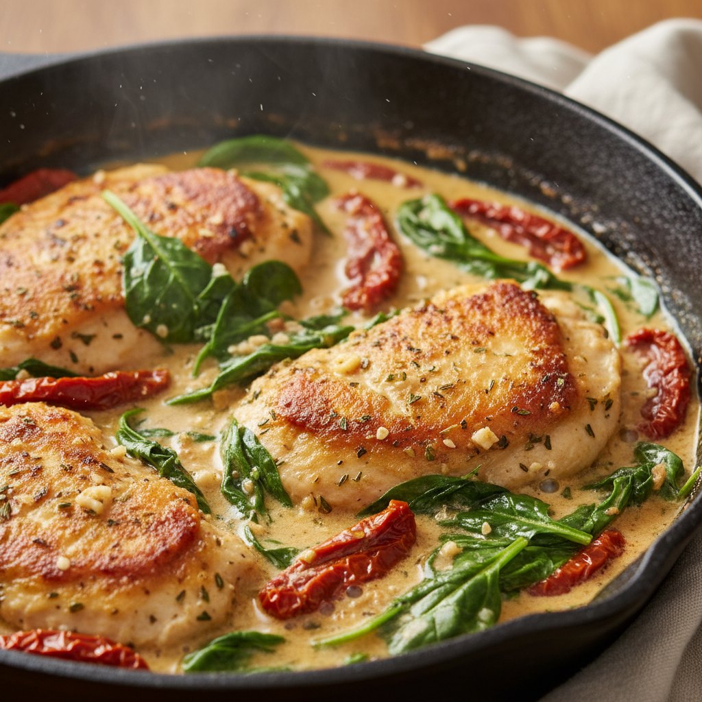 Creamy sun-dried tomato chicken in a cast iron skillet with fresh basil