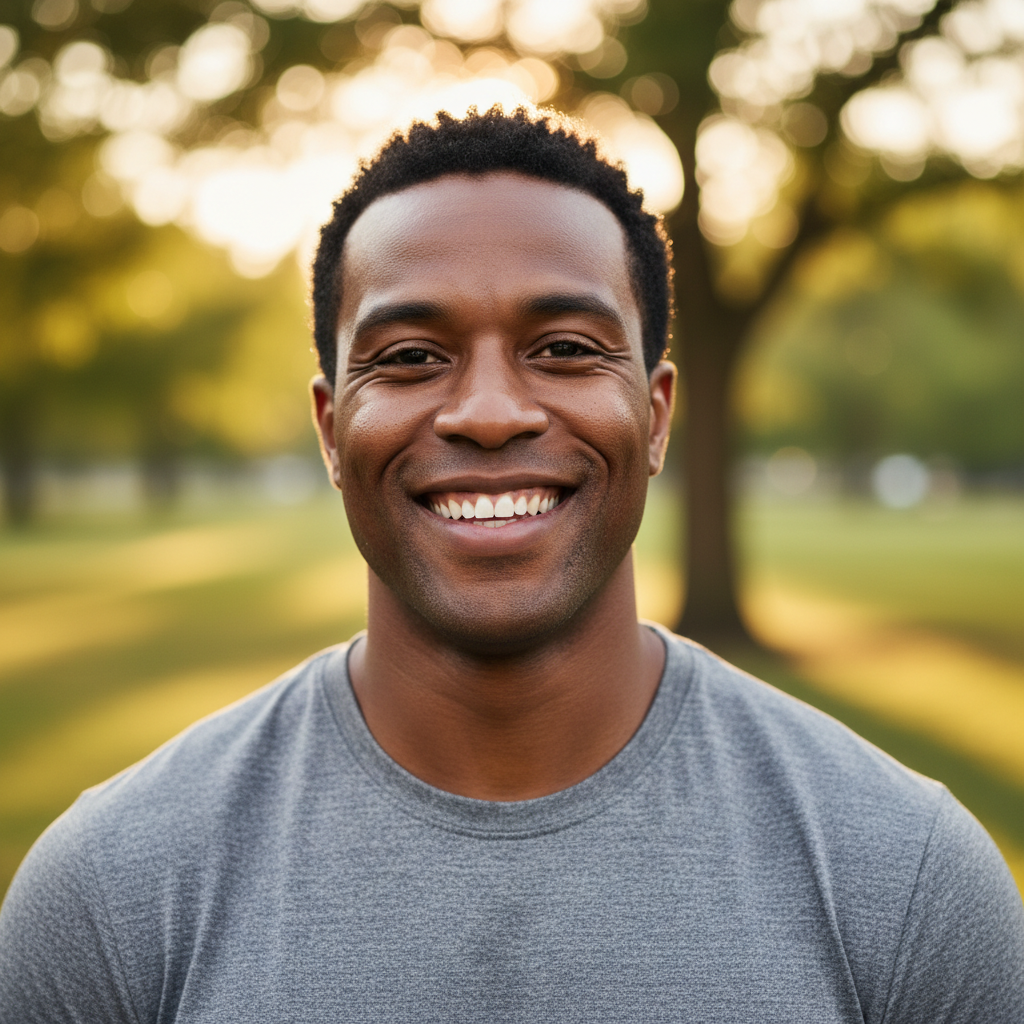 Smiling Black man in his 30s with athletic build