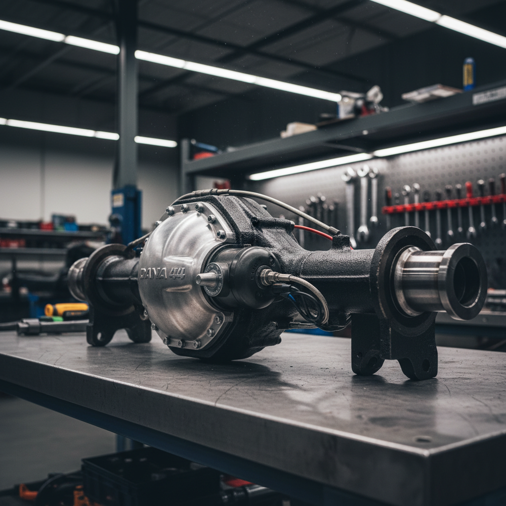 Dana 44 axle assembly with chromoly shafts and selectable locker mechanism in workshop setting