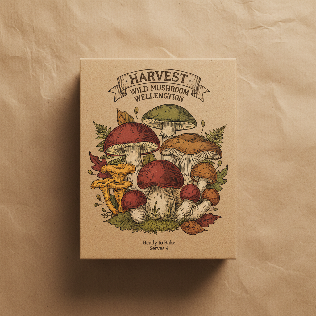 Harvest wild mushroom wellington box with illustrated forest mushroom artwork on kraft-colored background