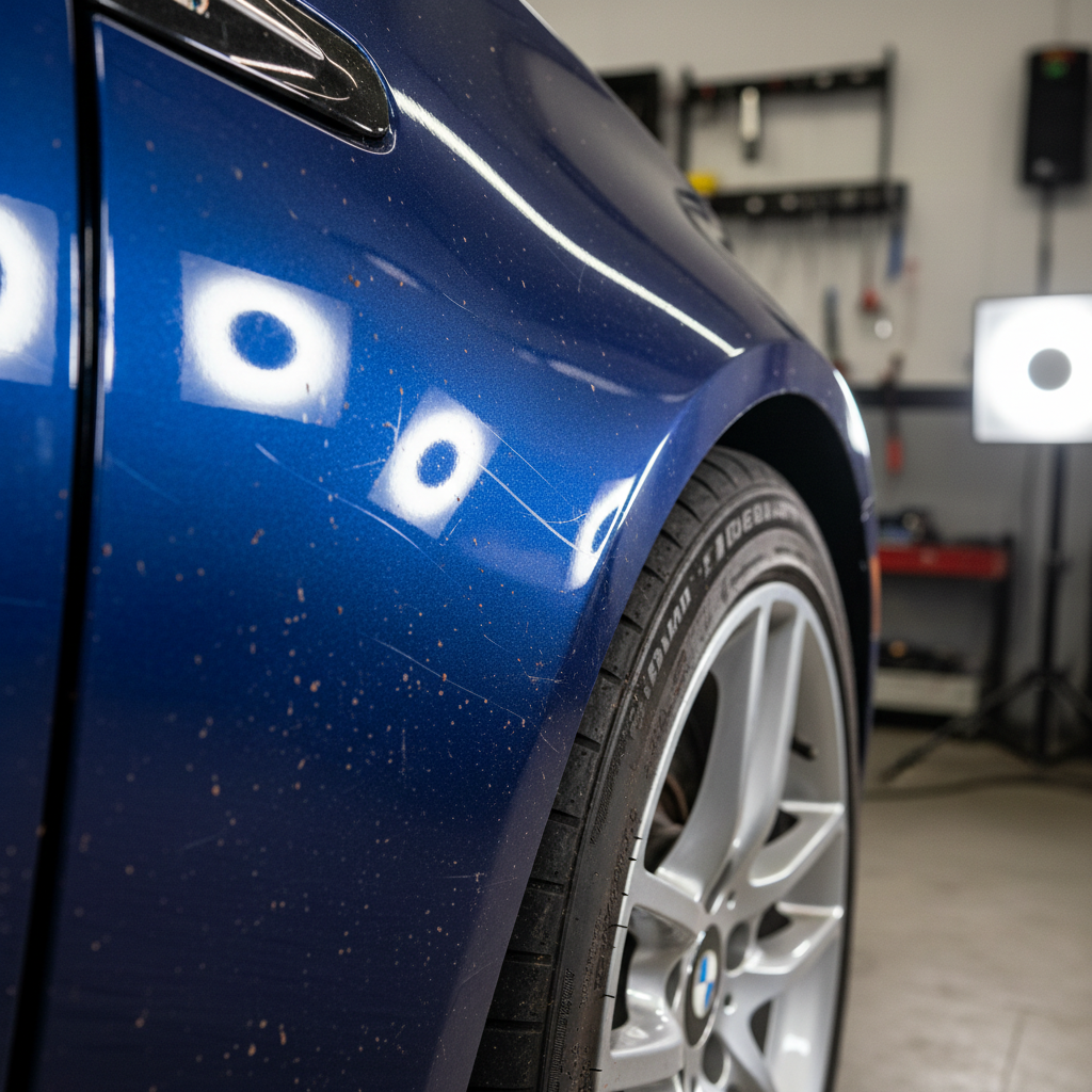 BMW M3 with swirl marks and brake dust visible under inspection light