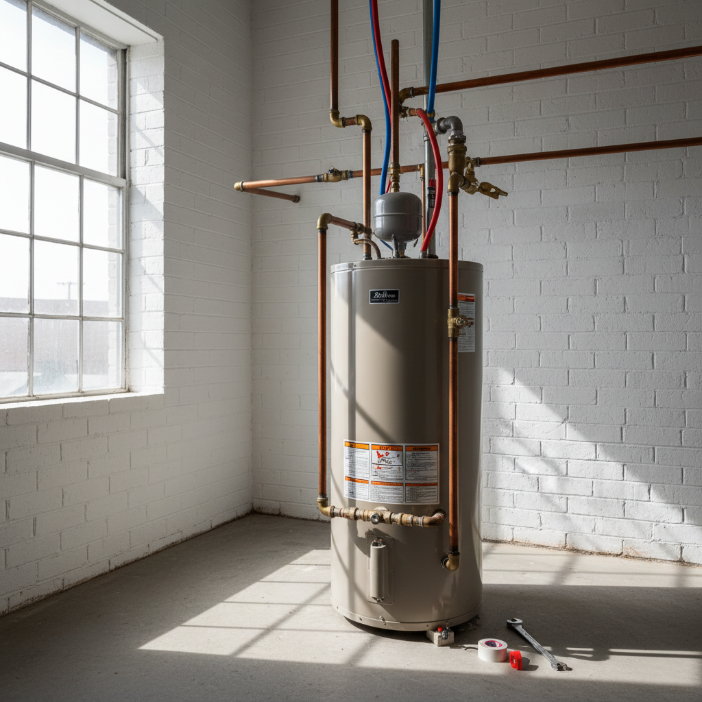 Residential water heater in utility room with visible pipe connections