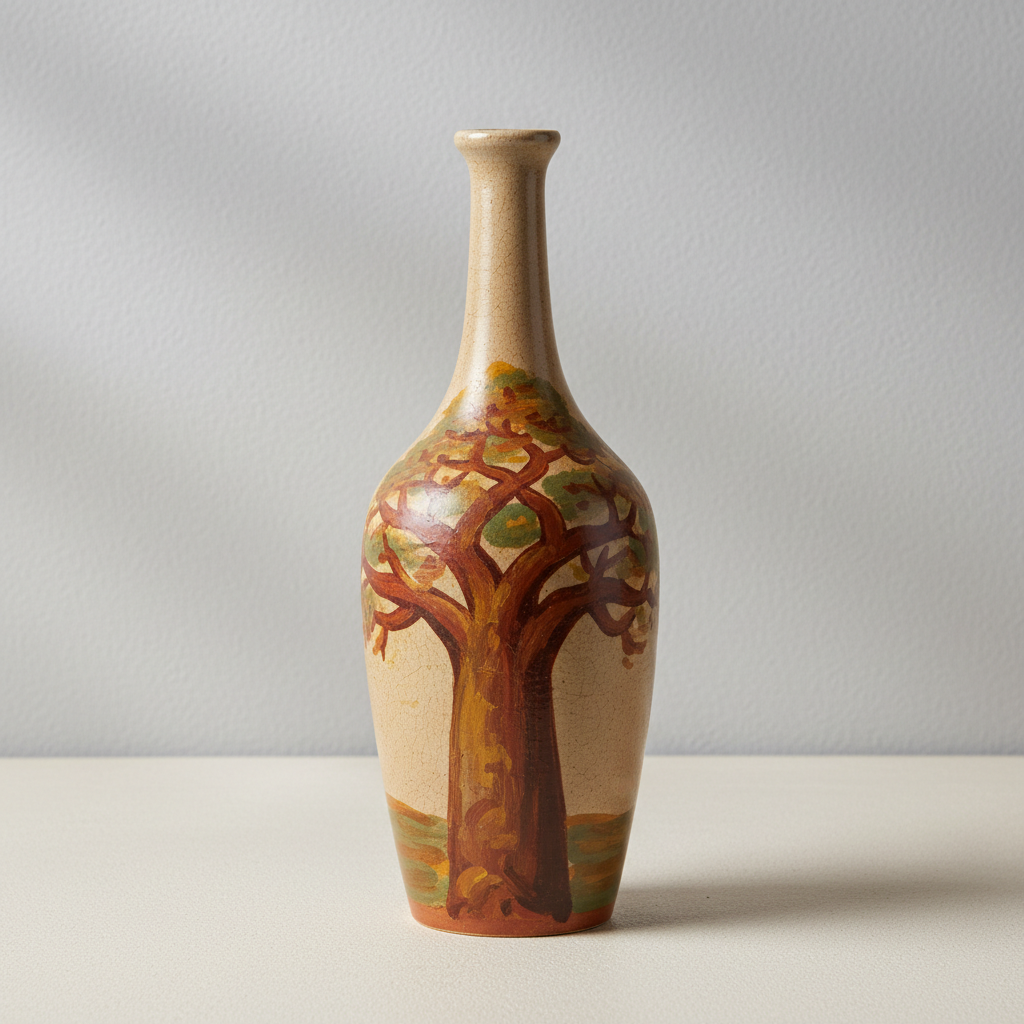 Tall ceramic vase with hand-painted baobab tree motif in earth tones