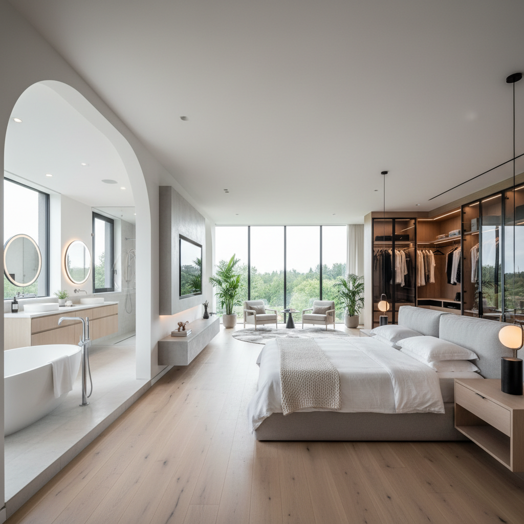 Master bedroom with king bed and large wardrobe and attached bathroom