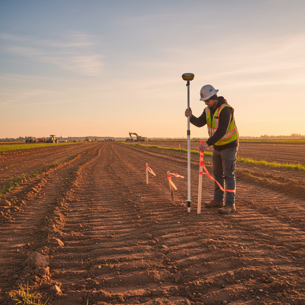 Construction site with survey stakes and string lines marking foundation boundaries, golden afternoon light, Georgia clay soil