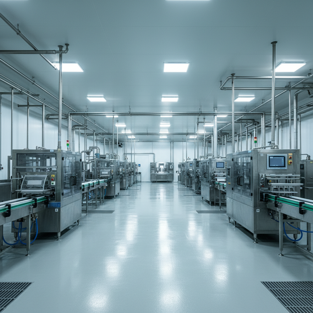 Industrial food processing facility stainless steel equipment in RTE room after deep sanitation