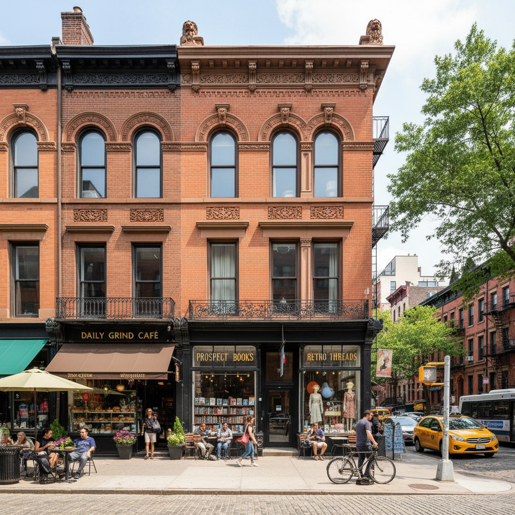 Historic brownstone mixed-use row building with retail storefront in Prospect Heights Brooklyn New York