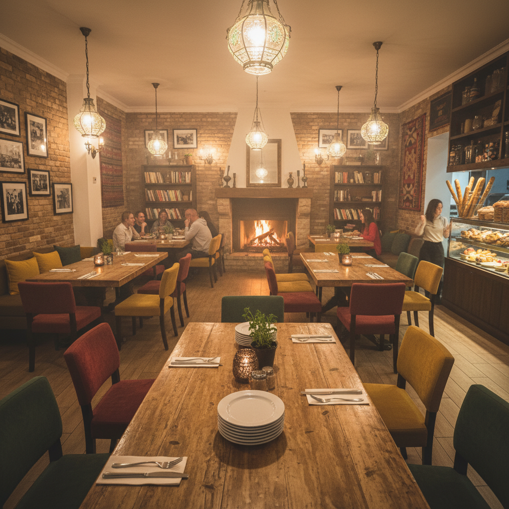 Warmly lit restaurant interior with wooden tables and cozy seating creating an inviting community atmosphere