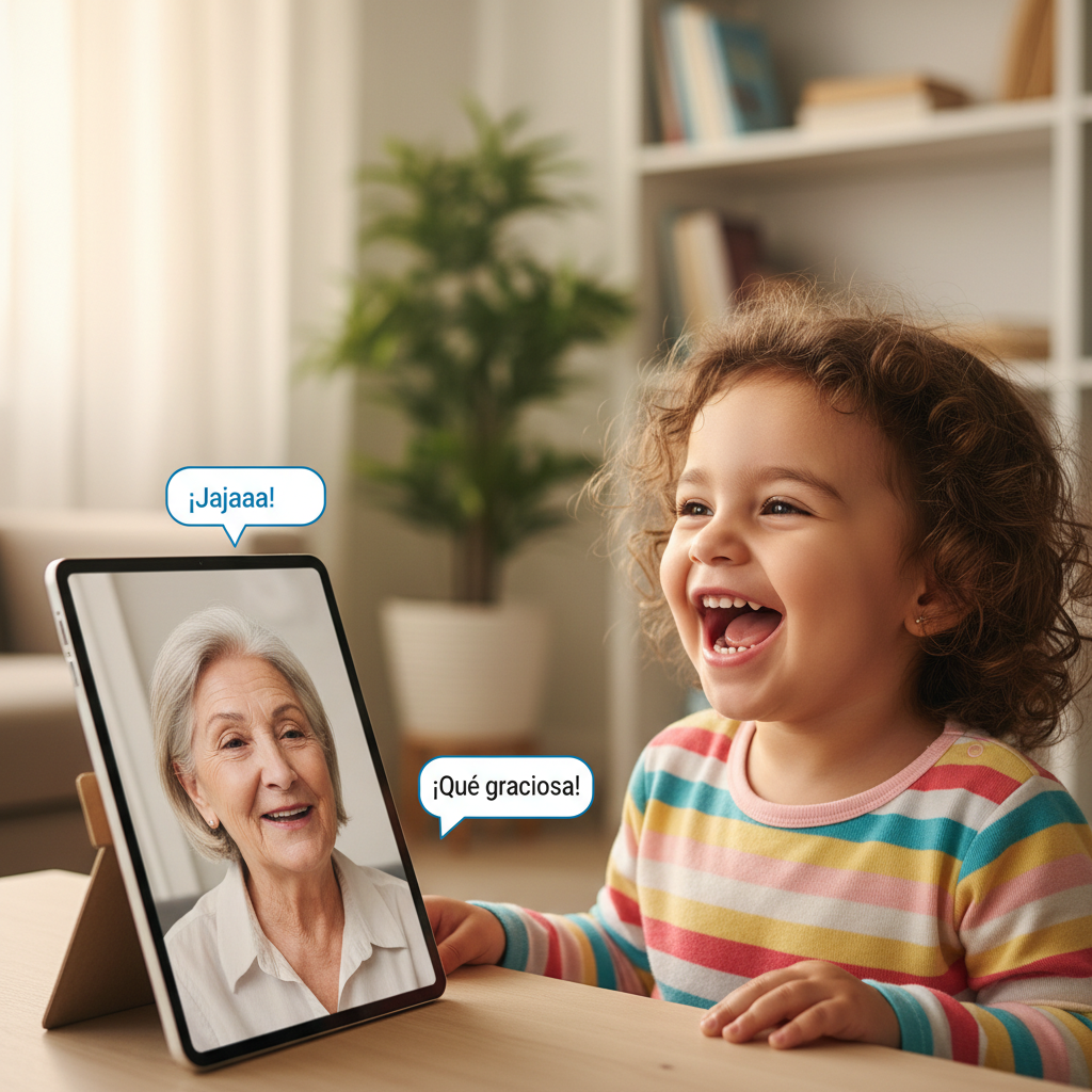 Toddler laughing on video call with grandmother, both speaking Spanish together