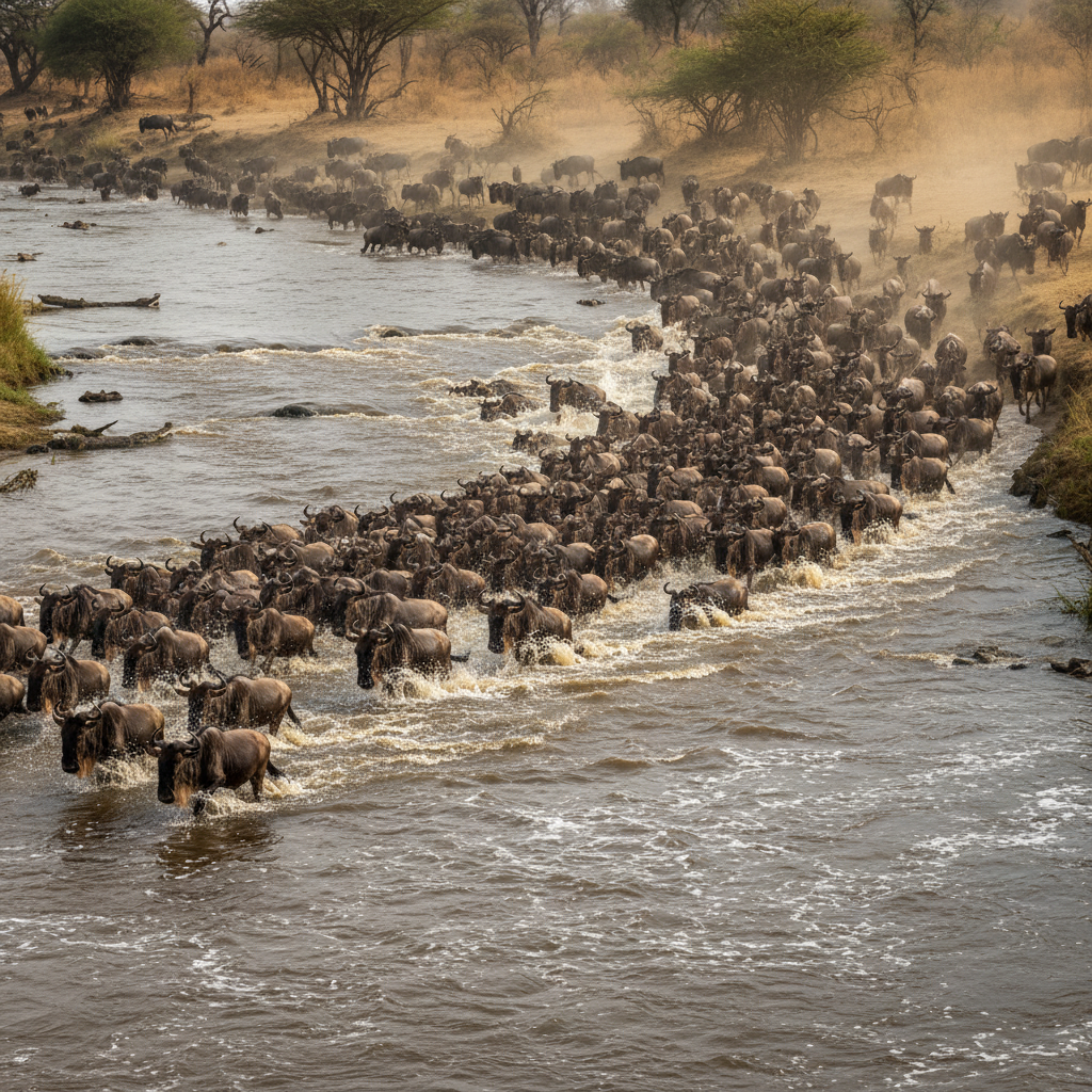 Wildebeest crossing Mara River during Great Migration, dramatic water splashing, lions watching