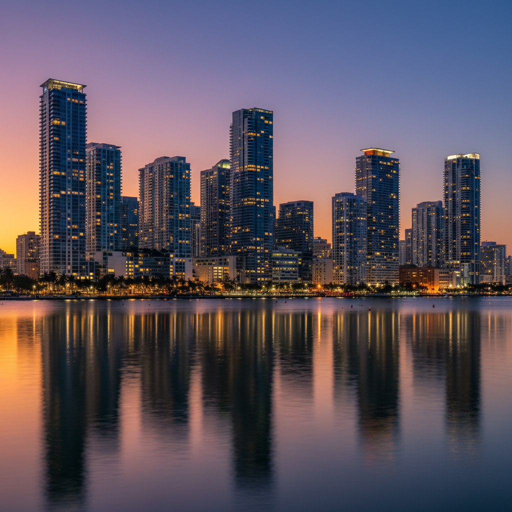 Brickell Miami skyline at night, illuminated glass towers reflected in dark bay water, city lights creating warm glow