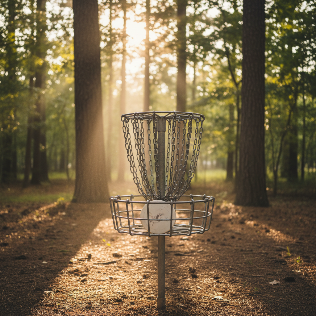 Disc golf basket with chains rattling after an ace run on a wooded course