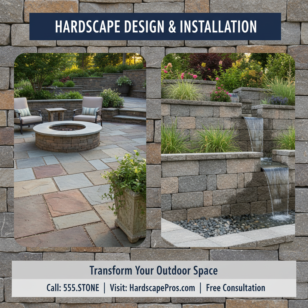 Hardscape contractor reviewing a residential patio installation with natural stone pavers, Louisville Kentucky property, clear daylight