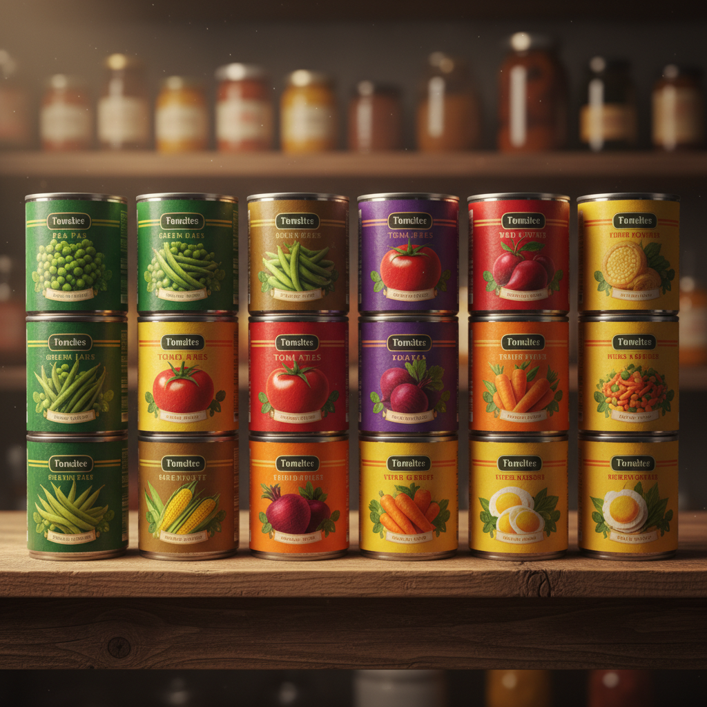 Rows of colorful canned vegetables on pantry shelves