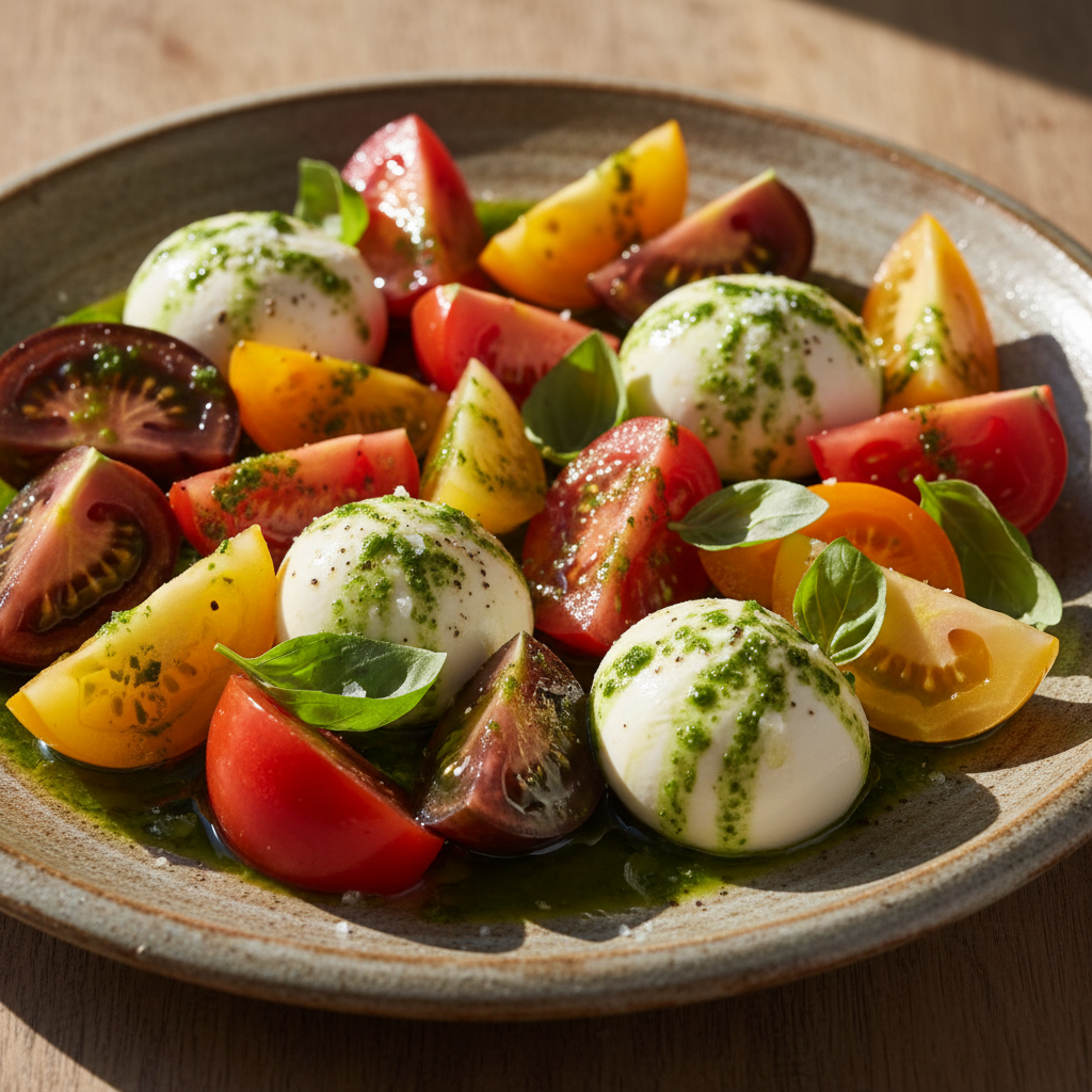 Fresh avocado and heirloom tomato salad with burrata and herbs on a white plate