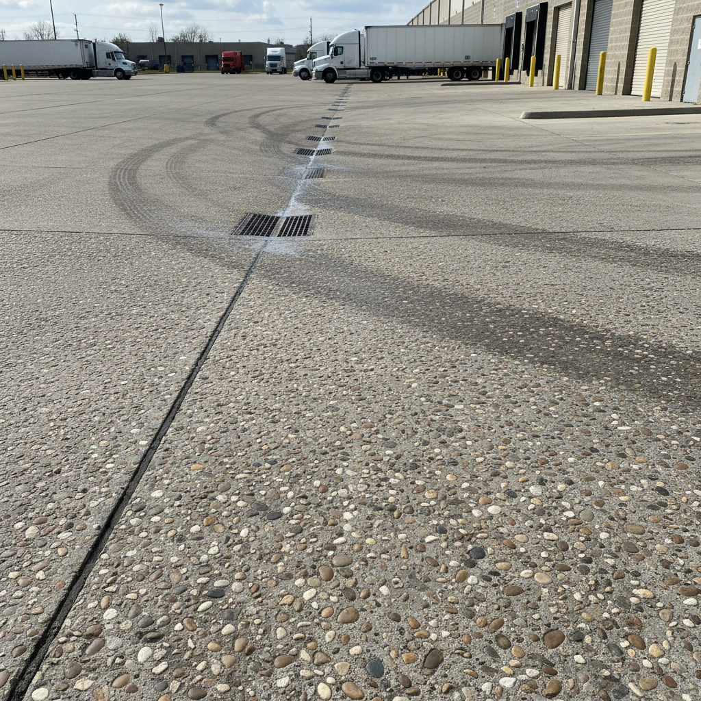 Commercial loading dock concrete apron with exposed aggregate finish showing excellent surface texture and drainage slope