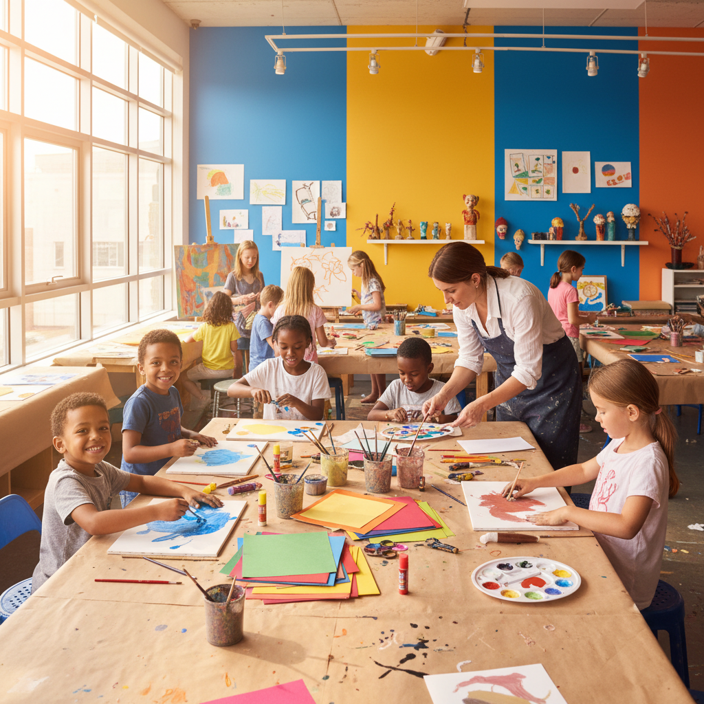 Children painting large canvas on floor surrounded by natural materials leaves and branches in warm studio light