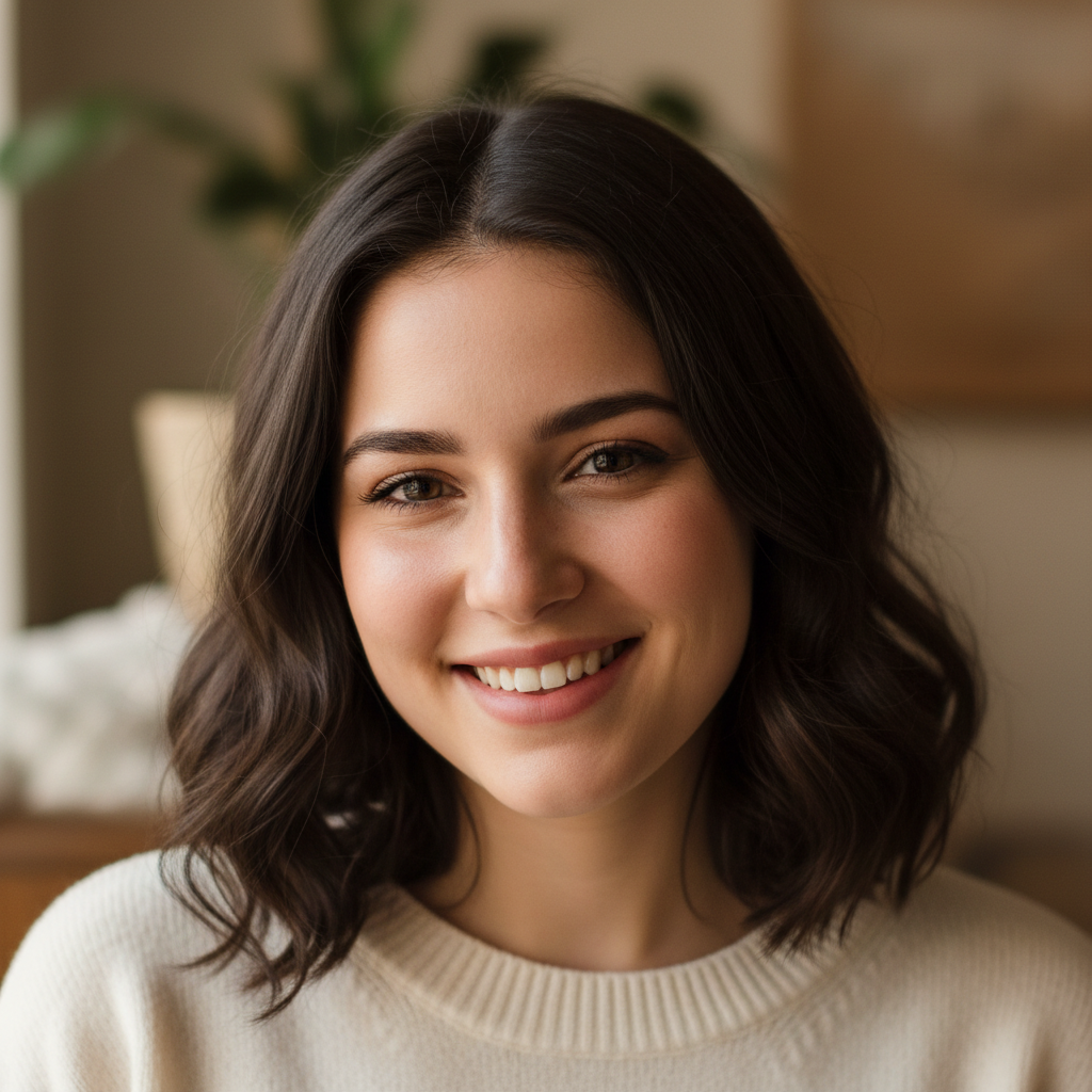 Young woman with warm expression and dark hair