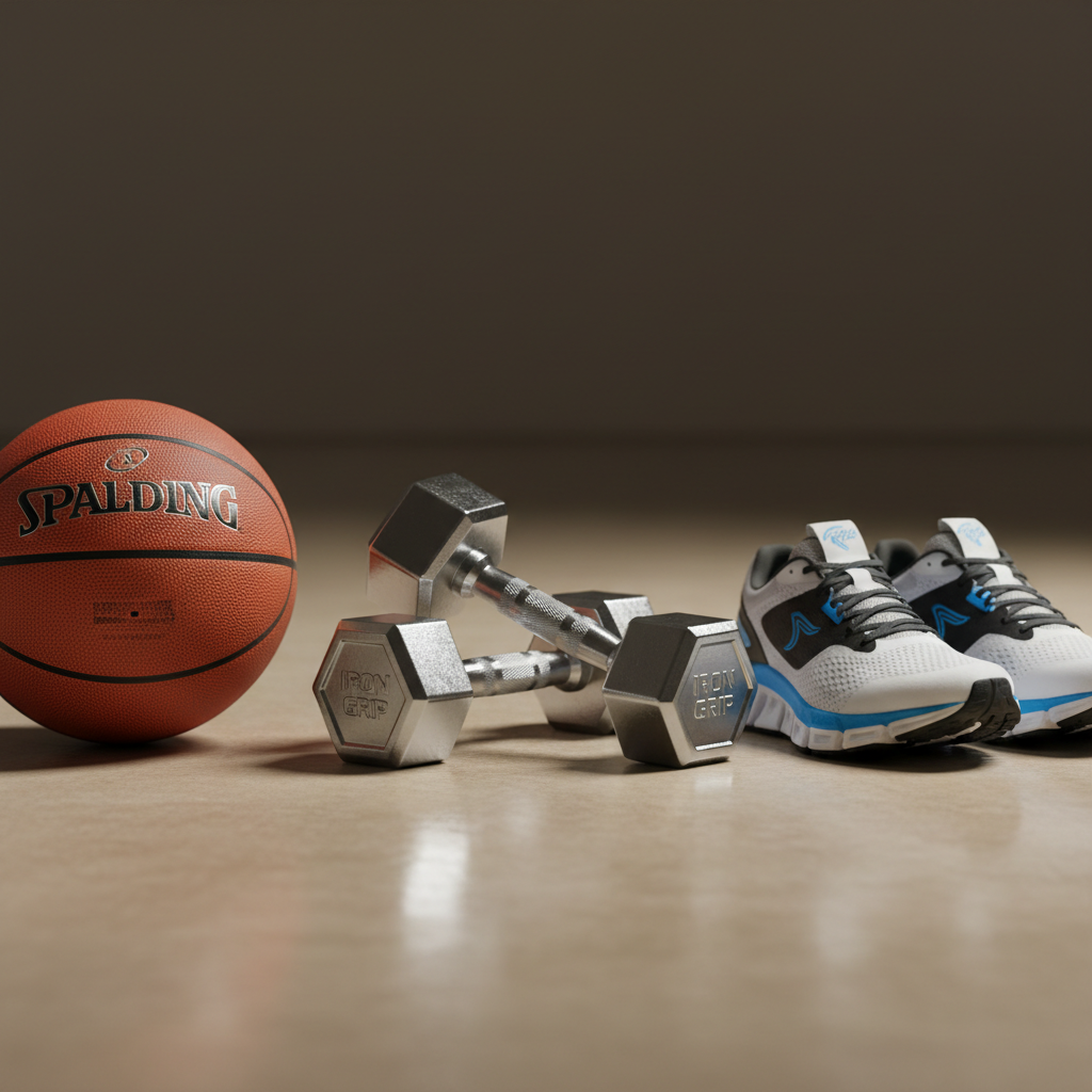 Sports equipment including dumbbells and running shoes on a gym floor