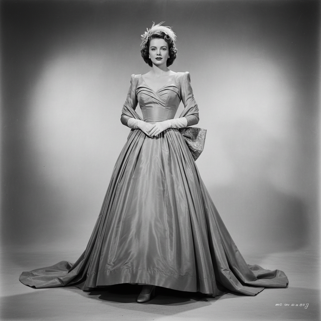 1947 New Look fashion aesthetic, full skirt ball gown, nipped waist silhouette, black and white portrait, glamorous post-war atmosphere