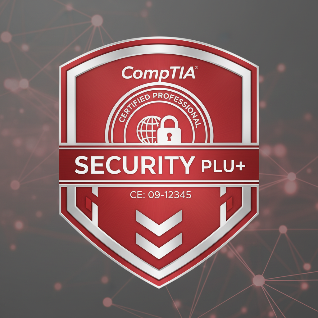 CompTIA Security Plus certification badge with red and white professional design