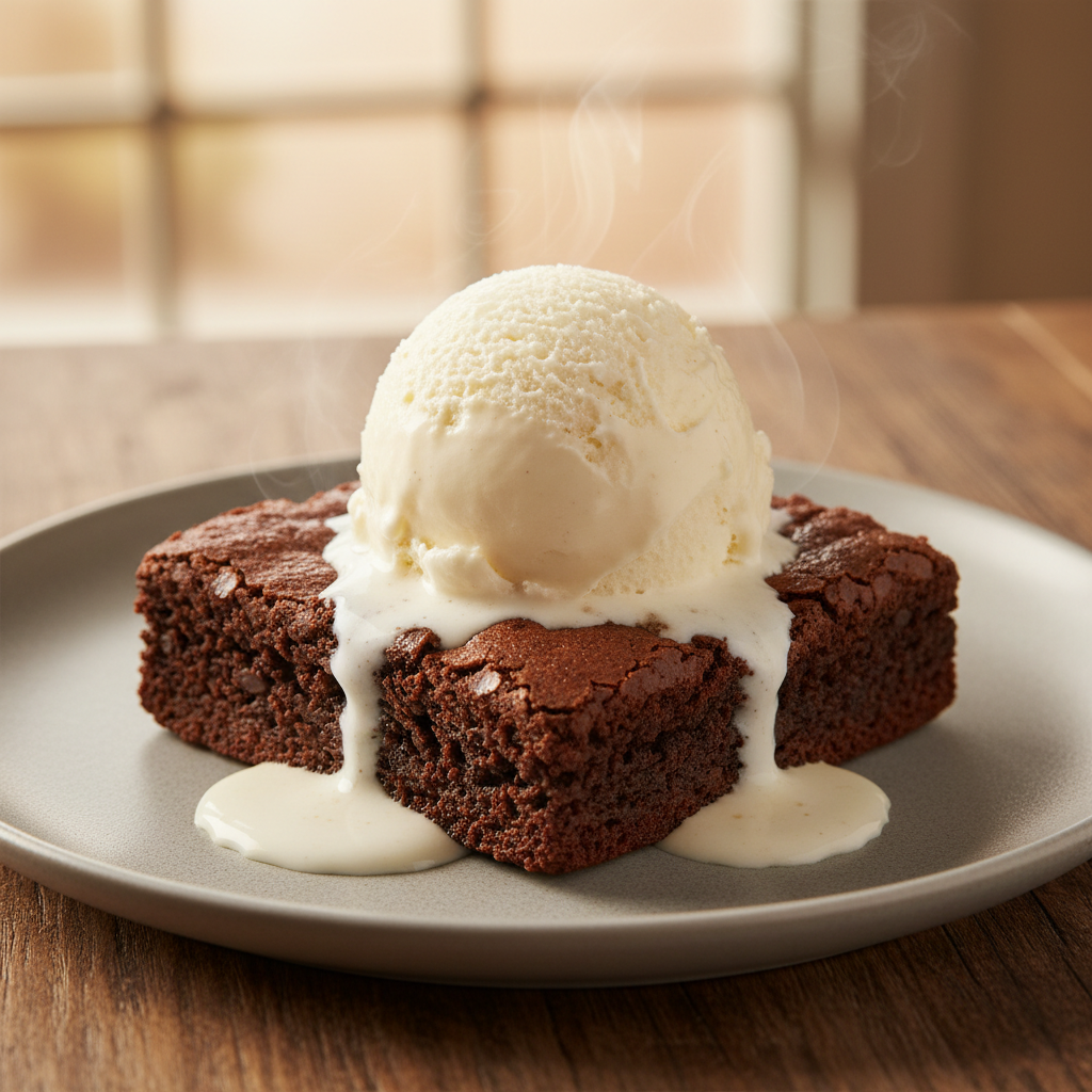 Brownie de chocolate tibio con helado de vainilla derritiéndose encima
