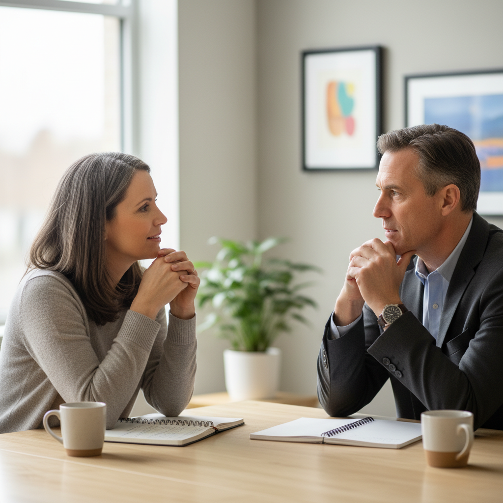 Two professionals in a focused discussion at a minimalist conference table