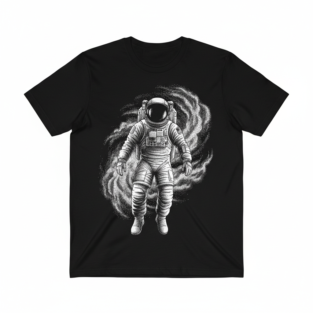 Black tee with large zero-gravity astronaut figure rendered in stipple ink