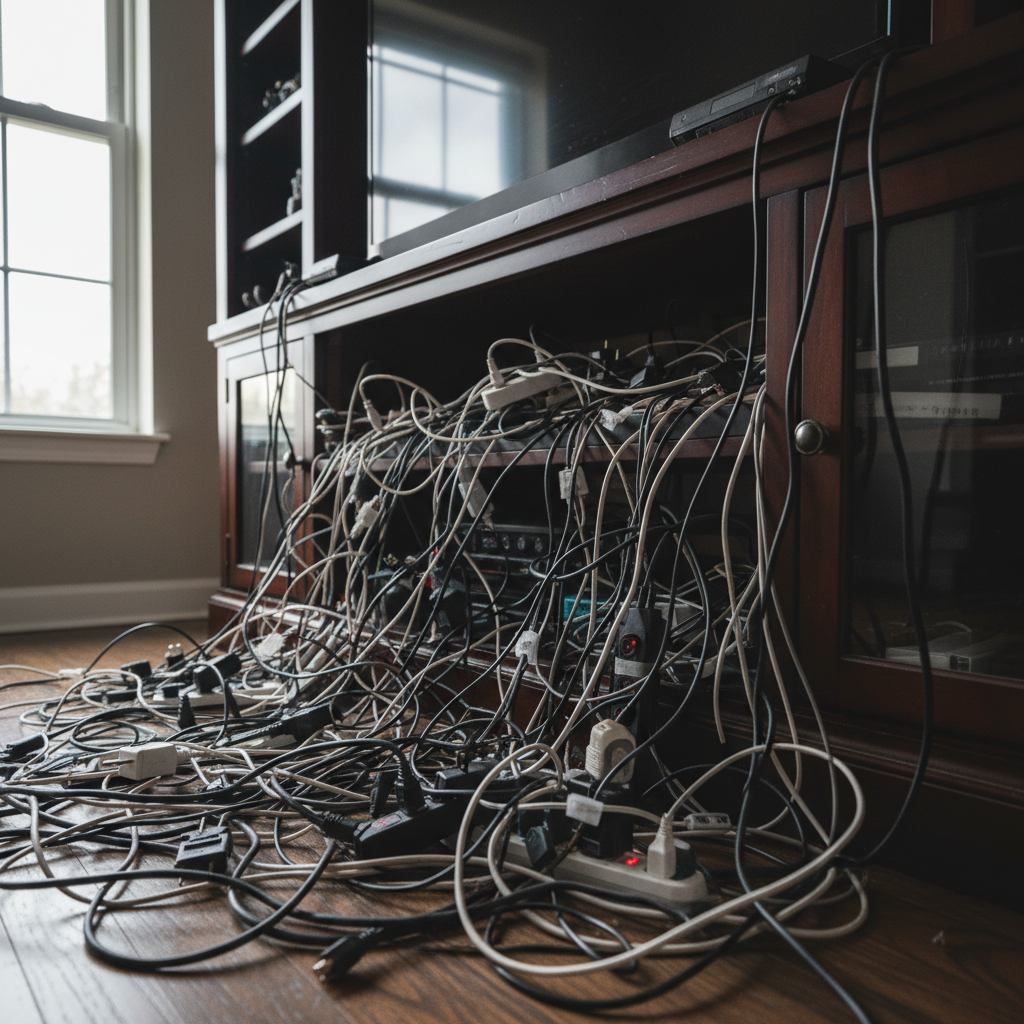 Messy cables behind TV and desk setup
