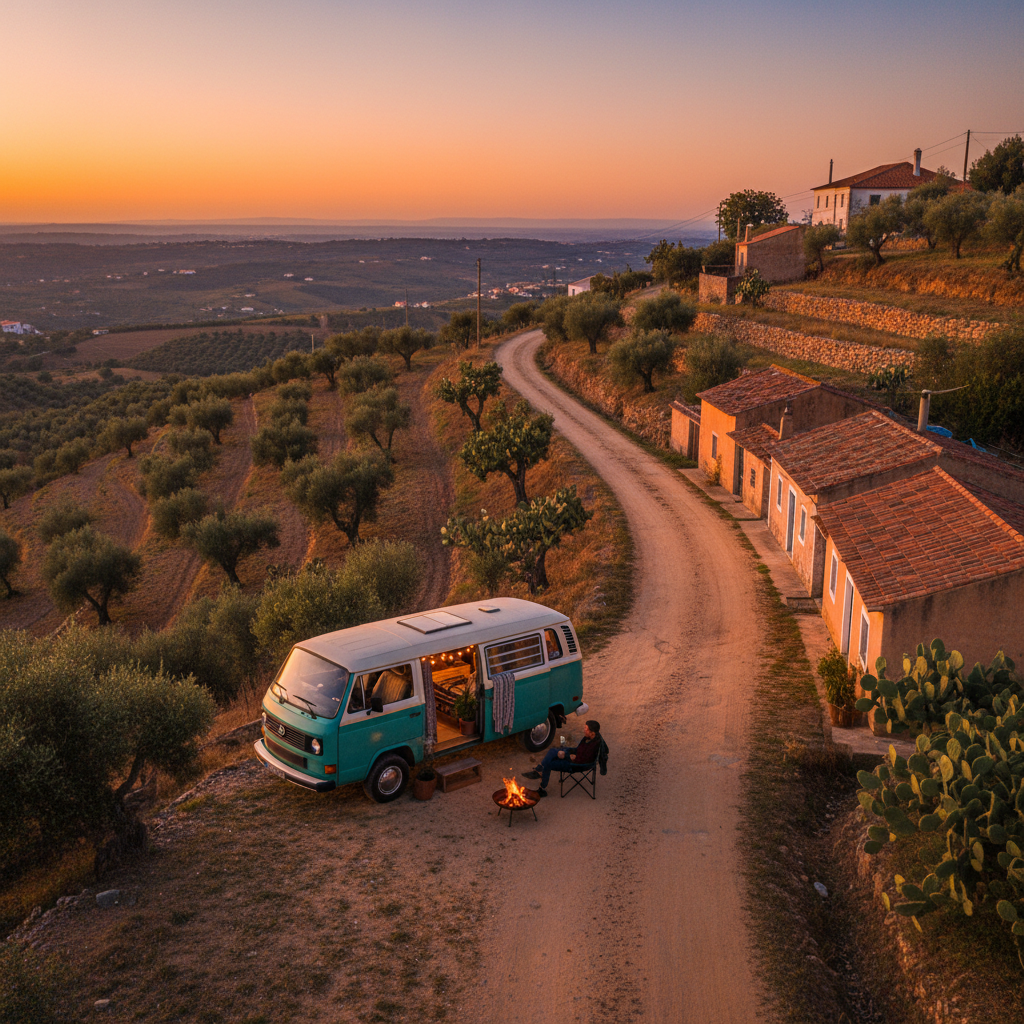 A converted camper van parked on a dusty hillside road in Portugal at dusk, warm amber light on terracotta walls