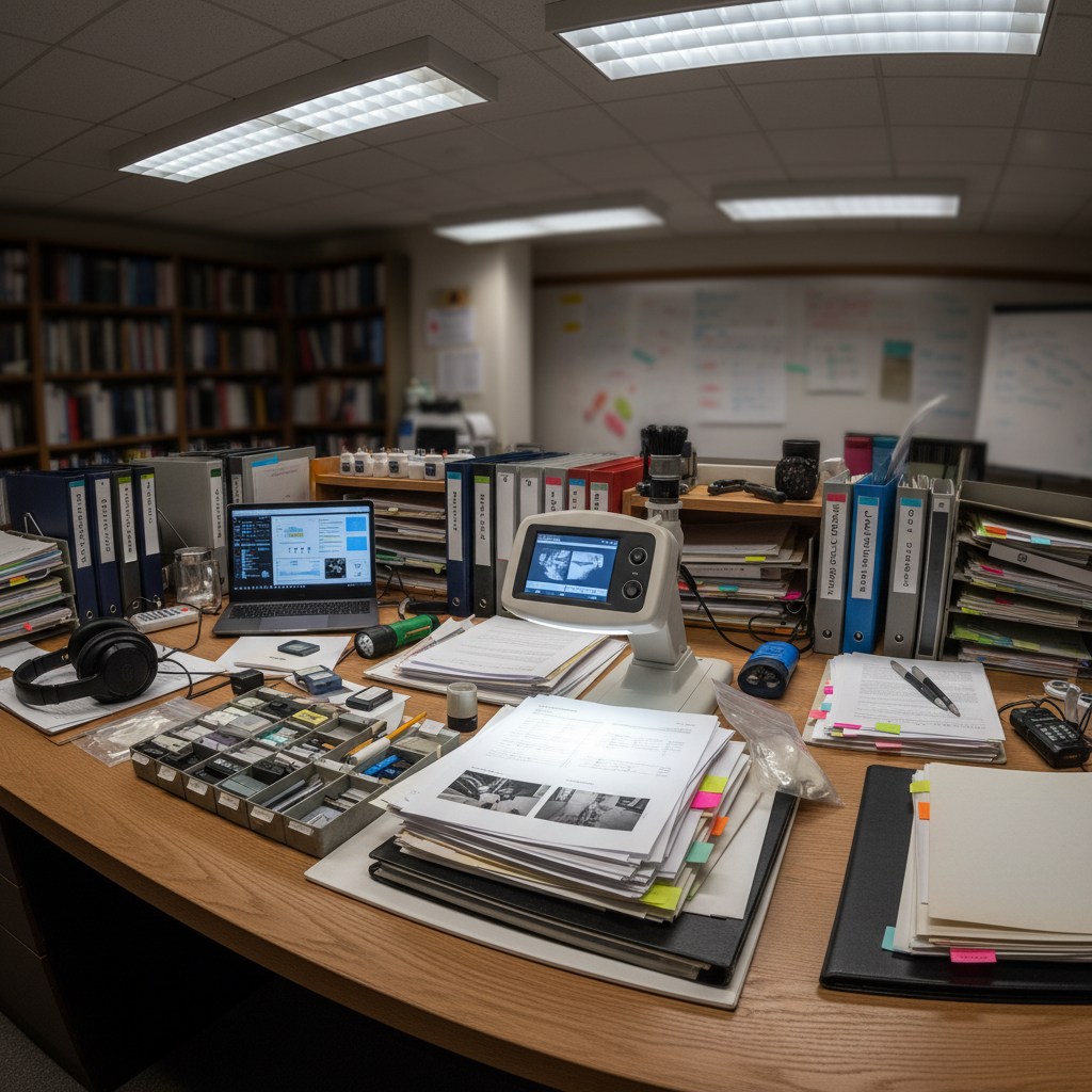 Professional investigative equipment and case files on desk