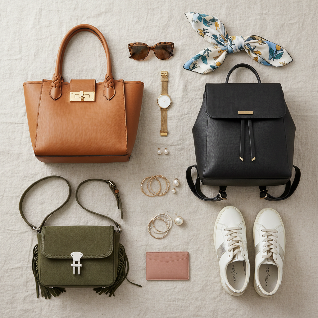 Fashion accessories flatlay, gold and beige tones, luxury editorial styling, warm ambient light