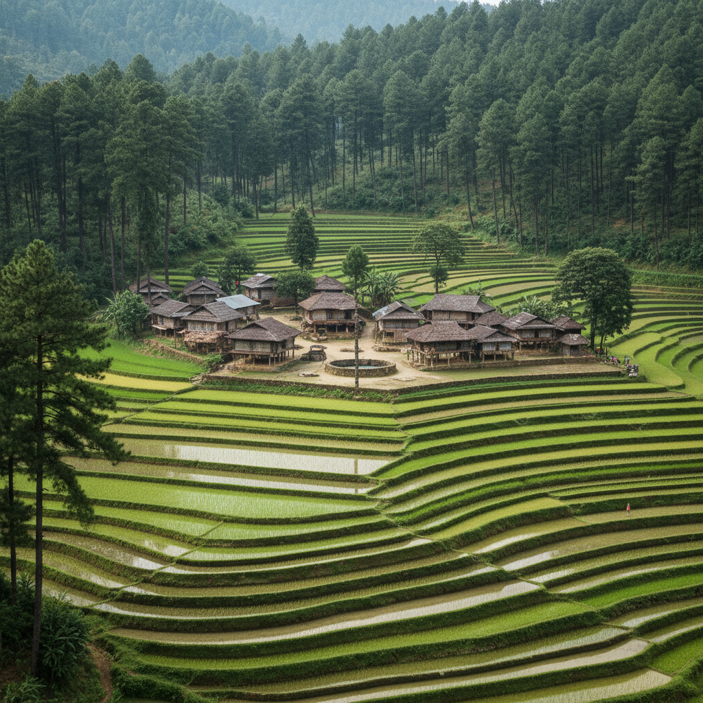 Terraced rice fields in Ziro Valley with traditional Apatani village and pine forests