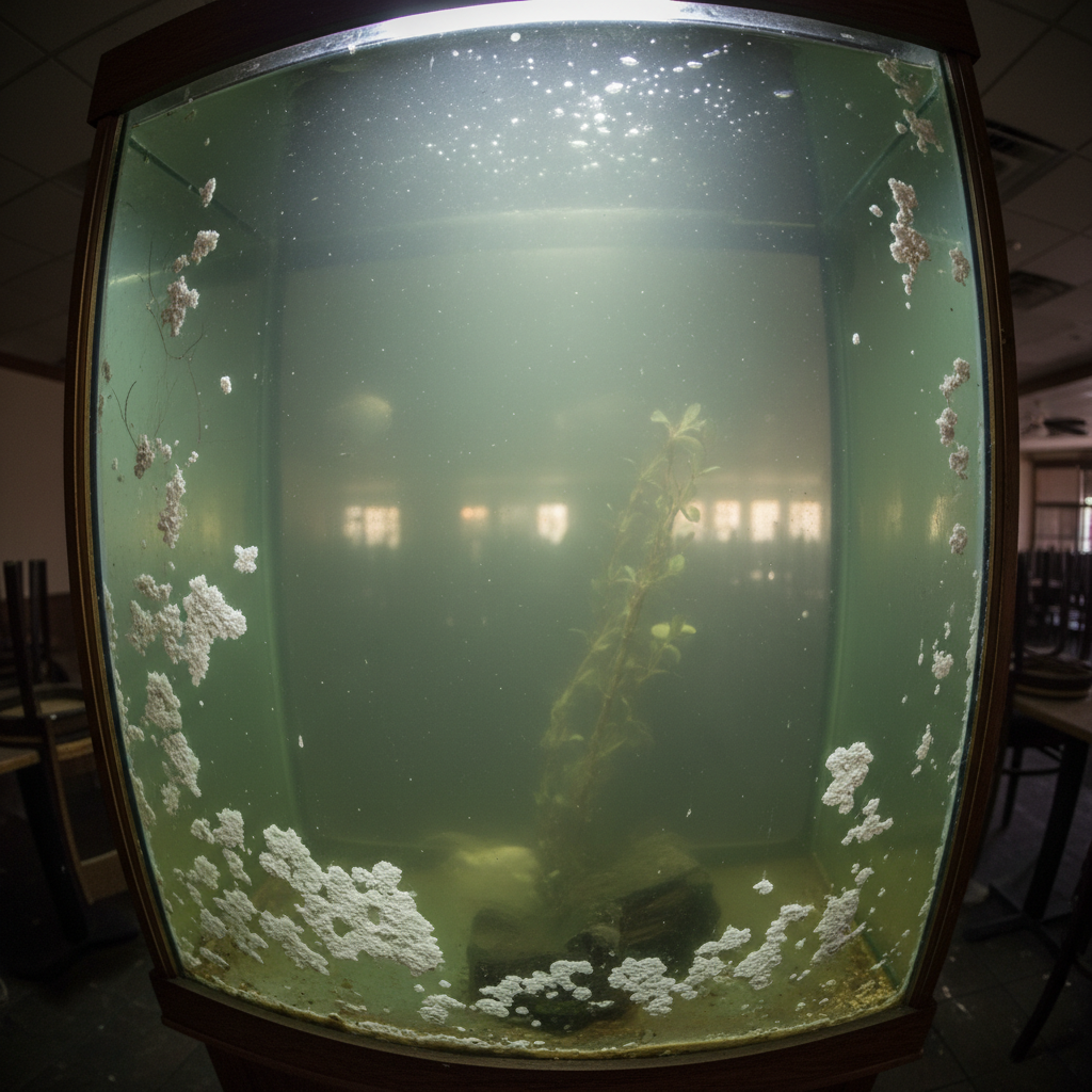 Murky restaurant aquarium with calcium deposits on glass