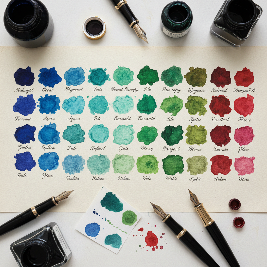 A spread of handwritten ink swatches on cream paper showing a gradient of blues, greens, and reds with fountain pen marks, ink names written in small italic script beside each swatch