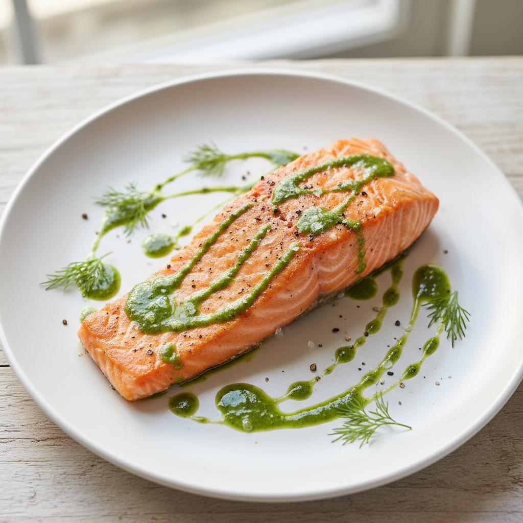 Warm overhead photograph of salmon fillet with asparagus and bright green dill oil drizzle