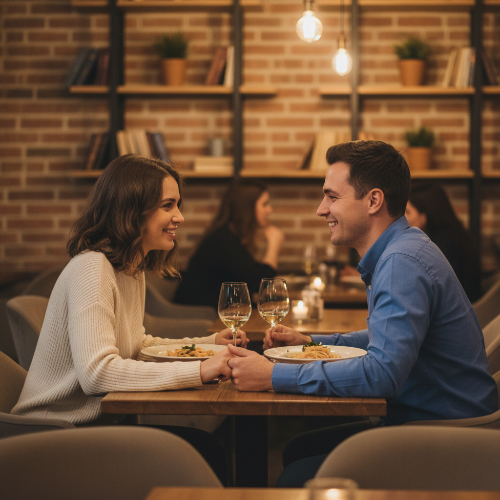 Couple smiling warmly at a restaurant table, casual weekend attire