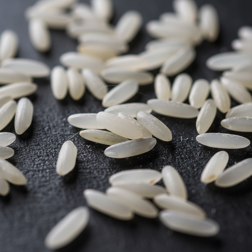 Extreme close-up of raw jasmine rice grains, translucent and pearl-like, arranged loosely