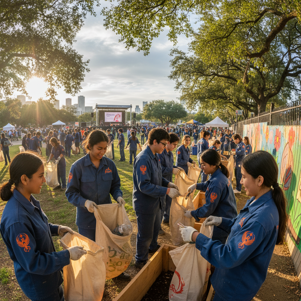 Teenagers in uniform working together at an outdoor community event on a sunny morning