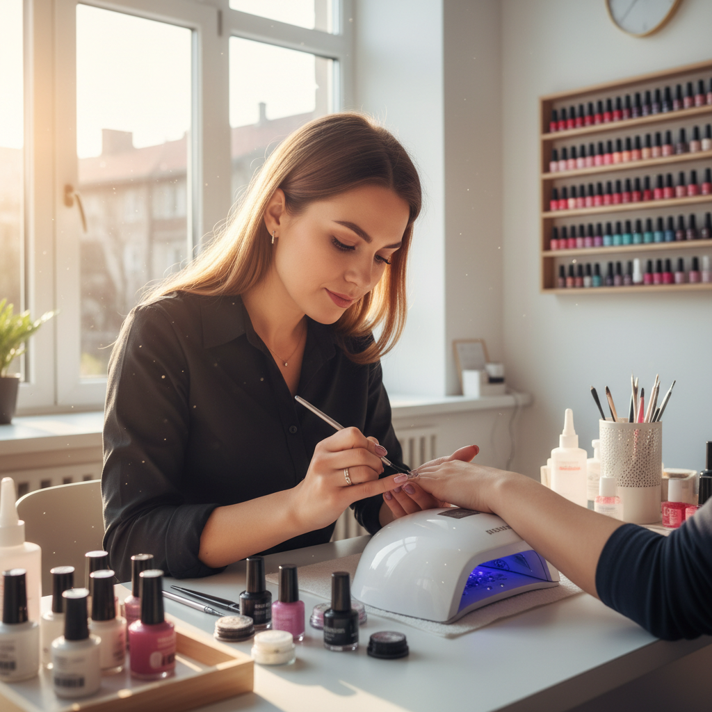 Young female nail art specialist in elegant attire, artistic studio portrait with neutral toned background