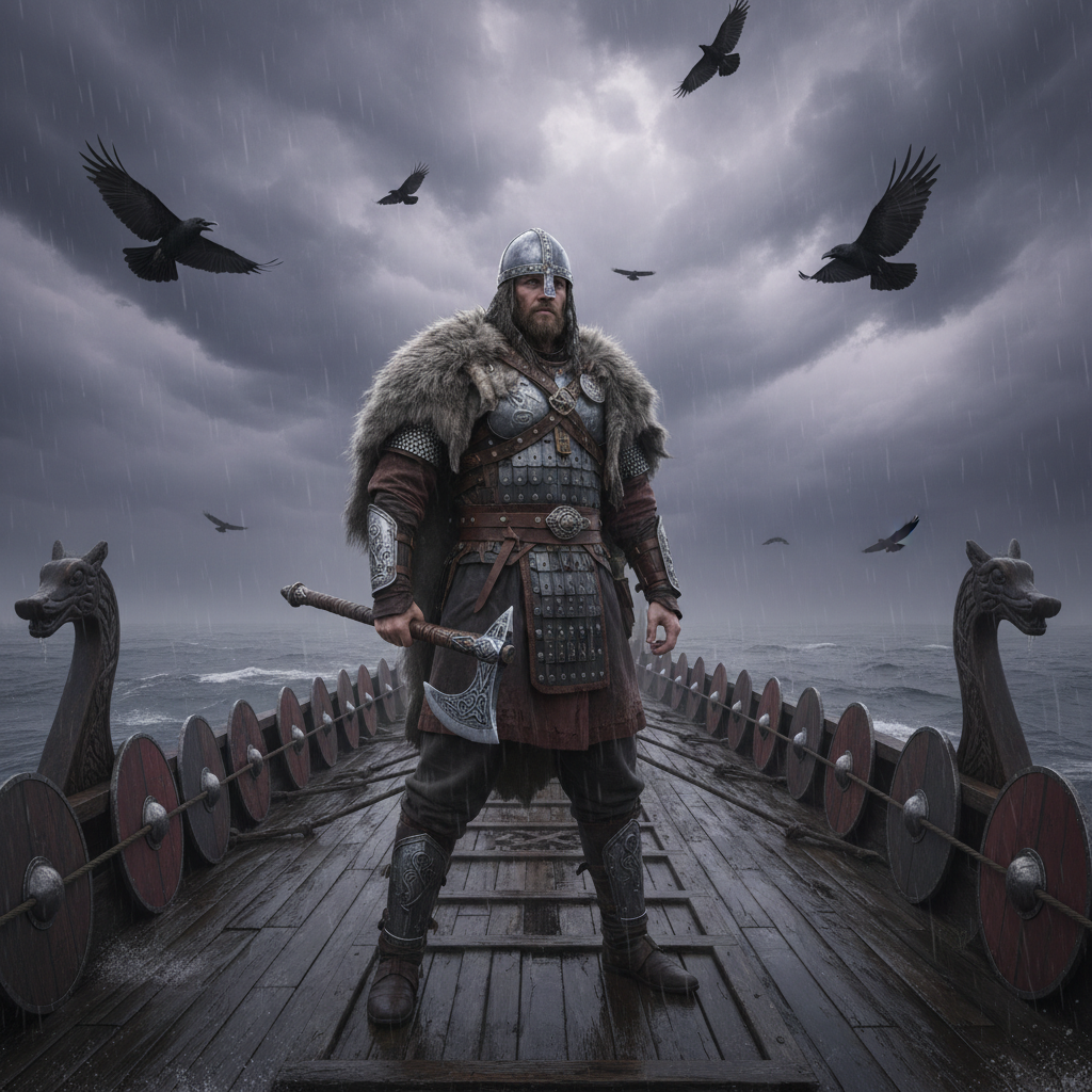Vinland Saga viking warrior on longship in northern waters