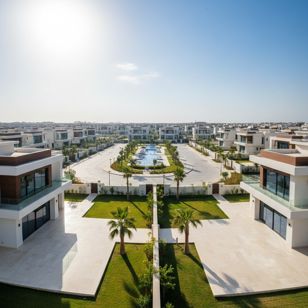 Contemporary villa community with green landscaping and community pool on Yas Island Abu Dhabi