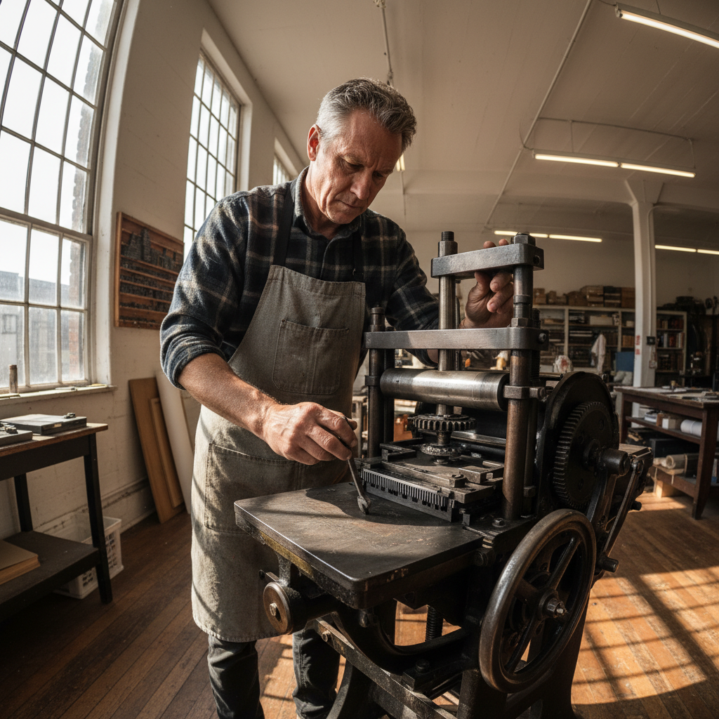 Tomás Reyes, open studio director, adjusting the impression cylinder on a Vandercook proof press