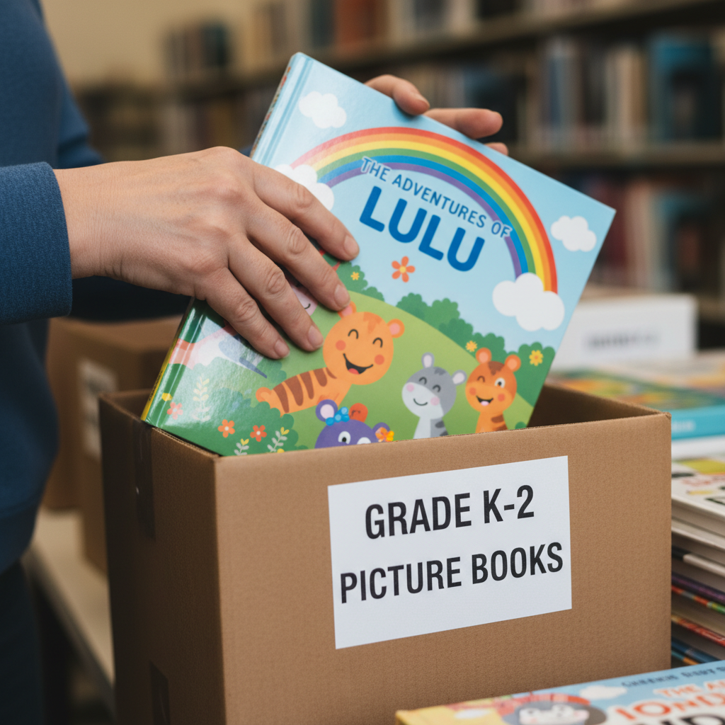 A volunteer's hands carefully placing a colorful picture book into a box labeled Grade K-2, Picture Books