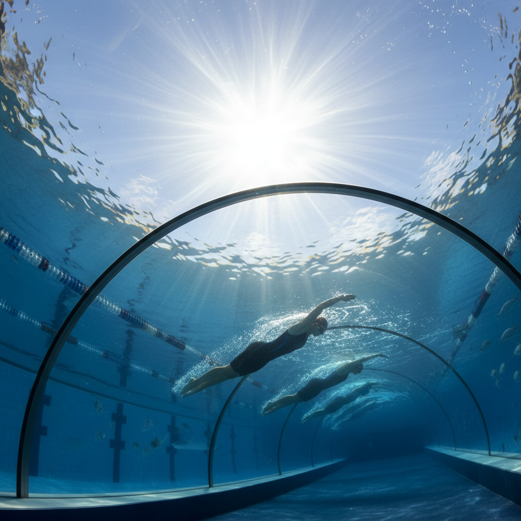 Underwater viewing gallery showing athletes swimming from below surface level