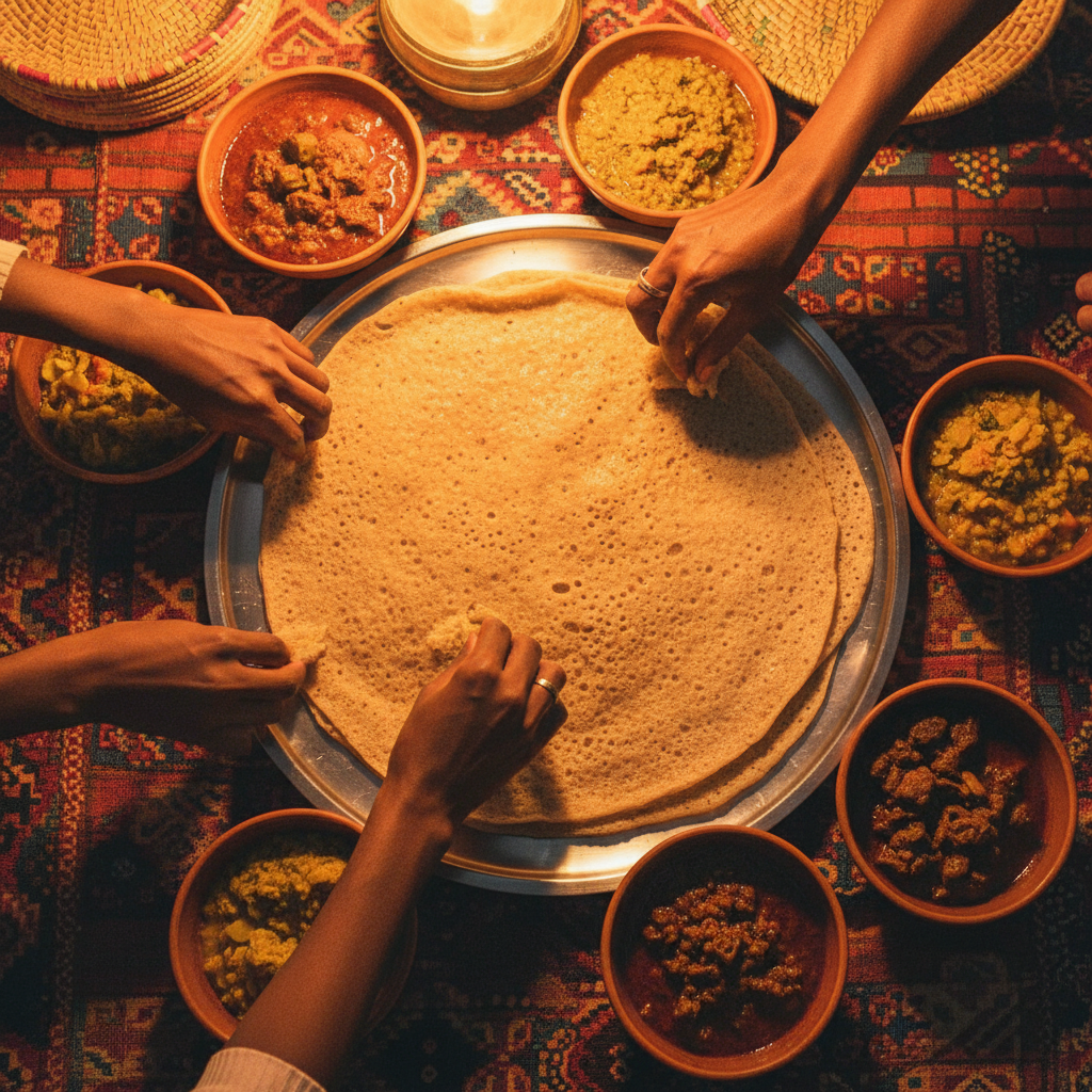 Overhead view of a communal Sudanese meal — kisra flatbread on a wide aluminum platter surrounded by small bowls of stews, hands reaching in from three sides, amber light catching the oil on the surface